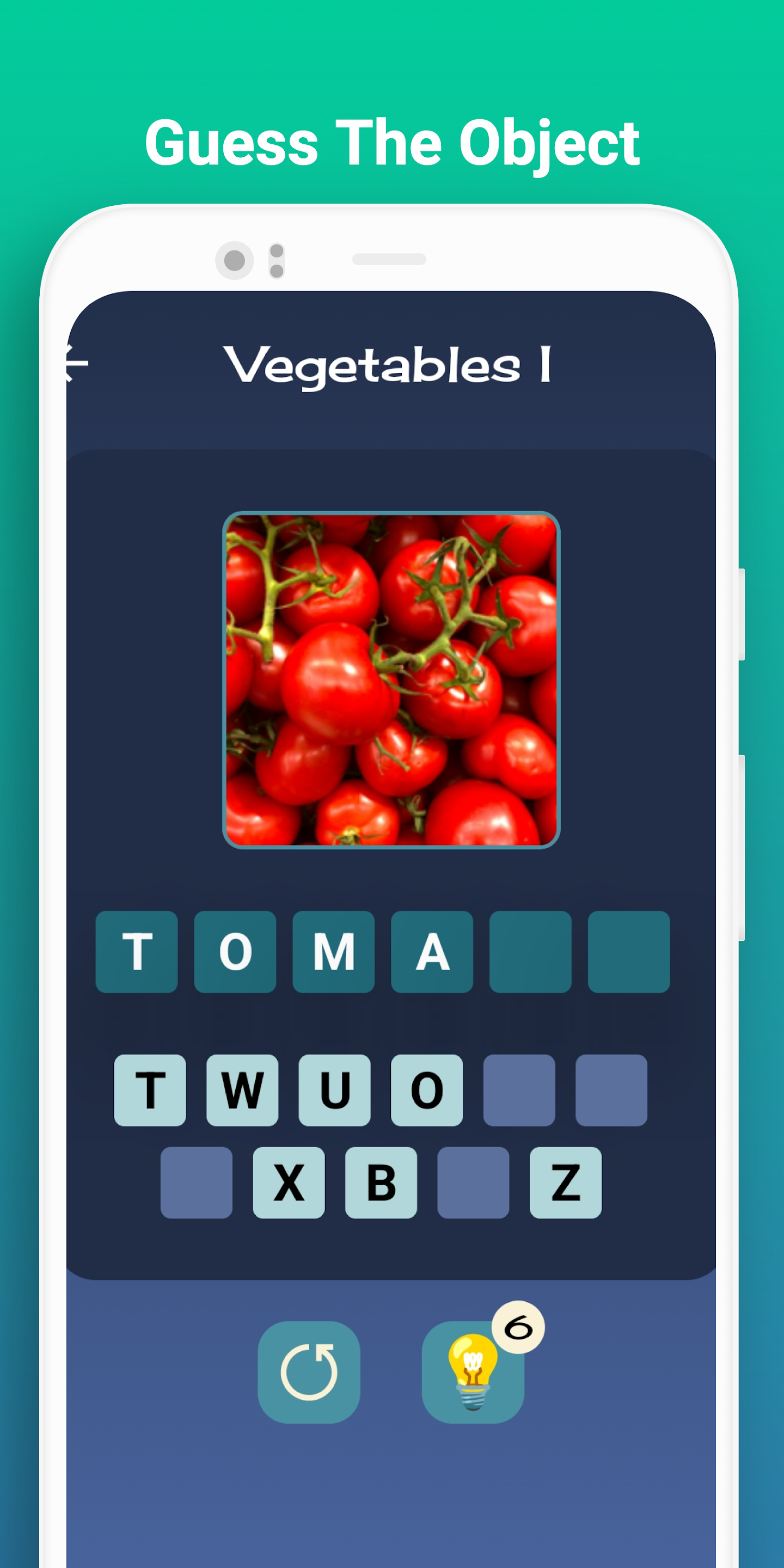 Vocabulary game showing an object photo with letter tiles to spell